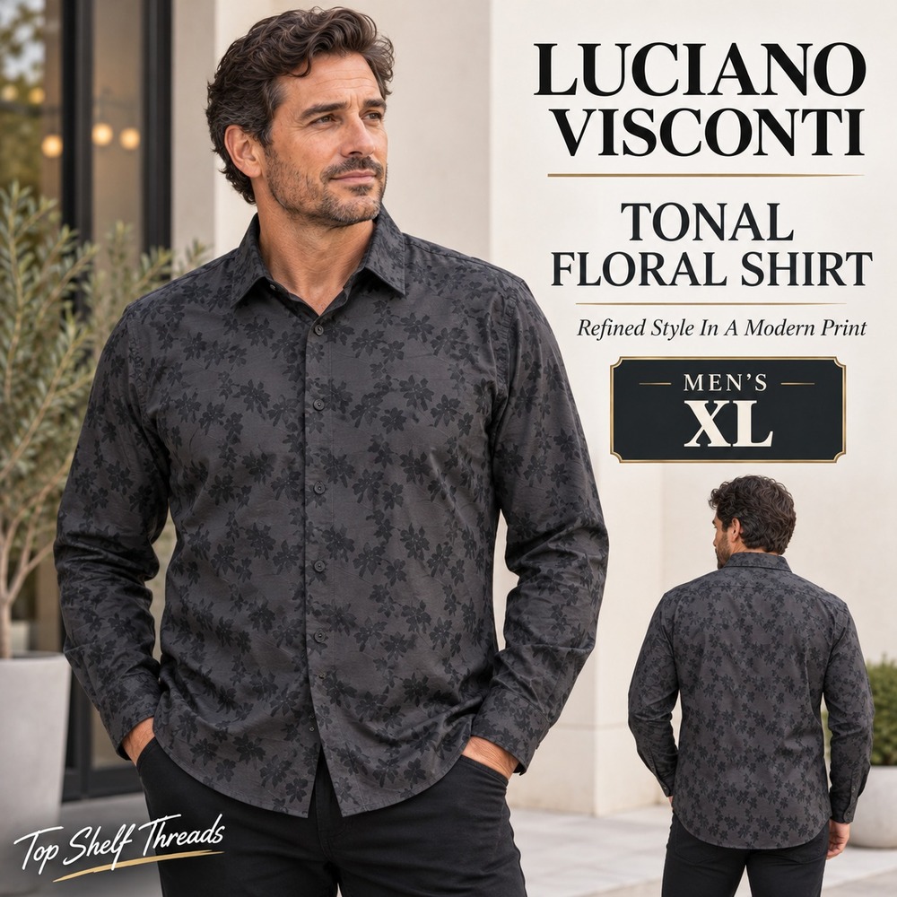 Luchiano Visconti Men XL Gray Floral 2-Ply Mercerized Cotton Button Down Shirt